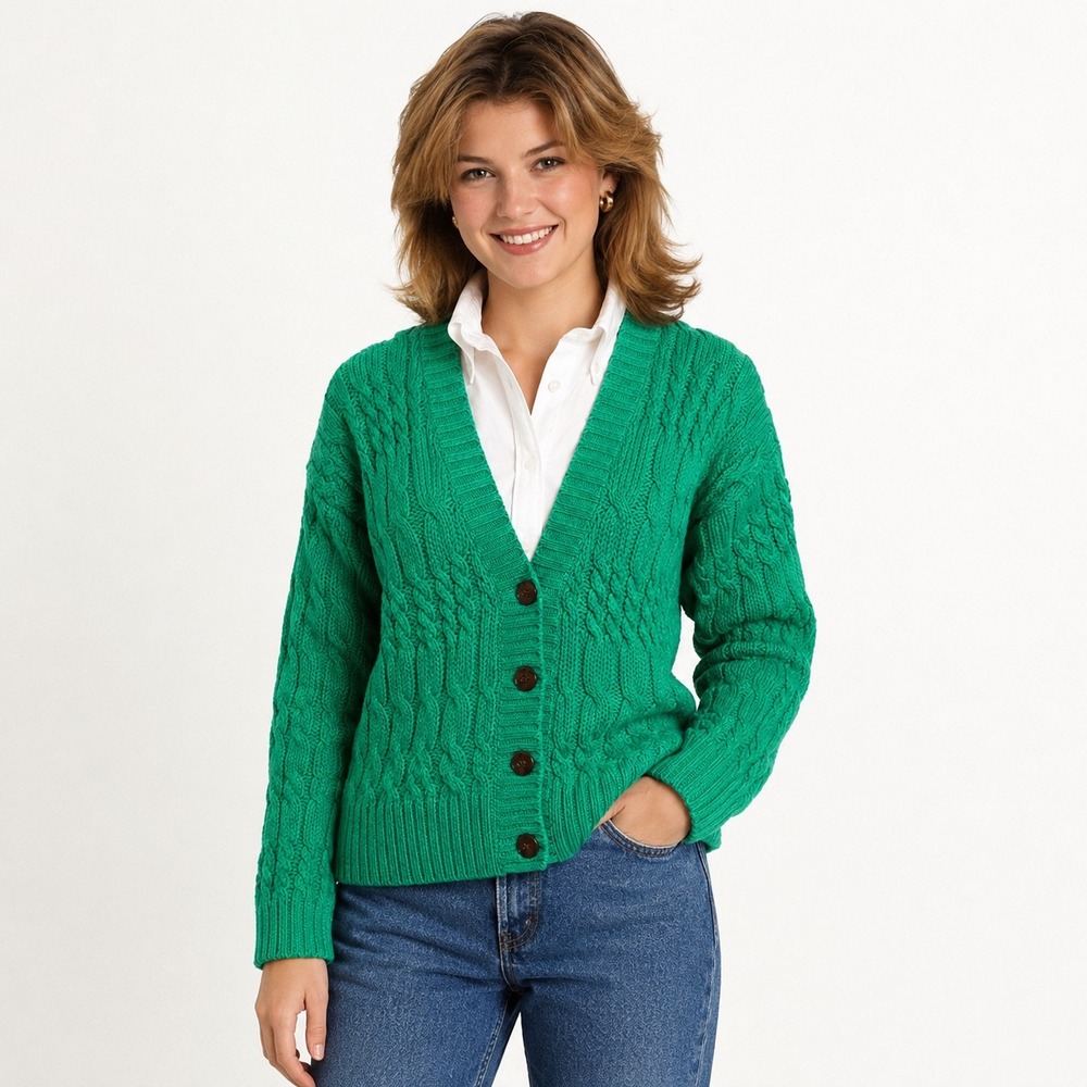Vestiti Amancio Sportivi Cardigan Medium Green Cable Knit Preppy Colegiate 90s